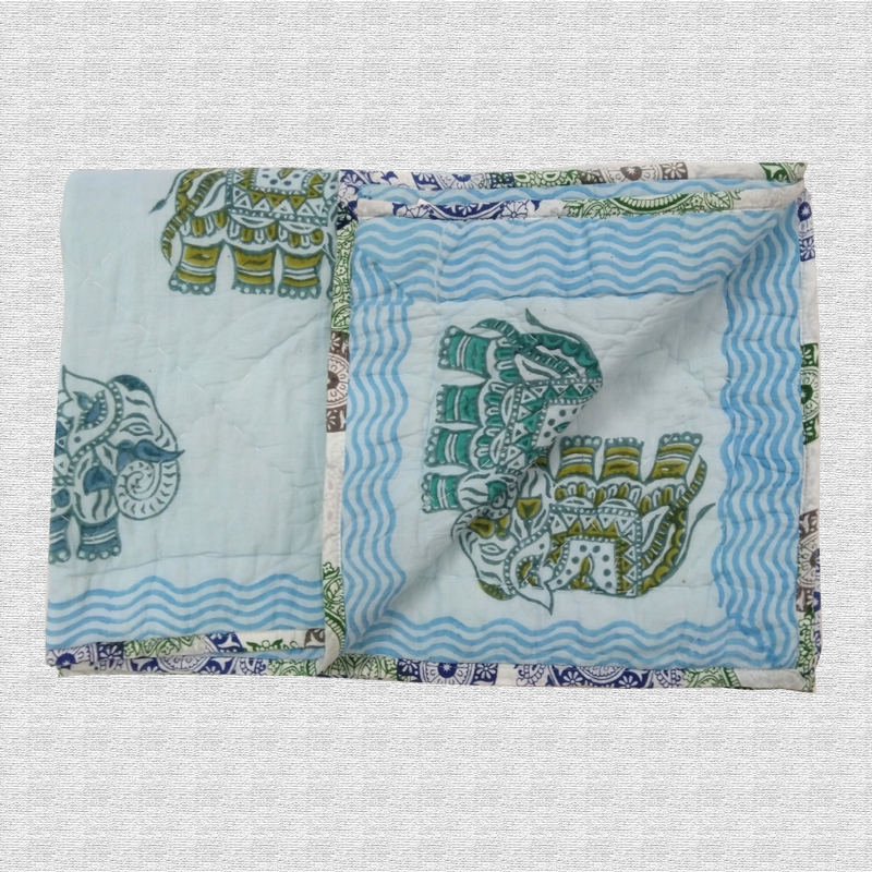 Elephant Print Hand Block Printed Hand Quilted Cotton Baby Quilt 