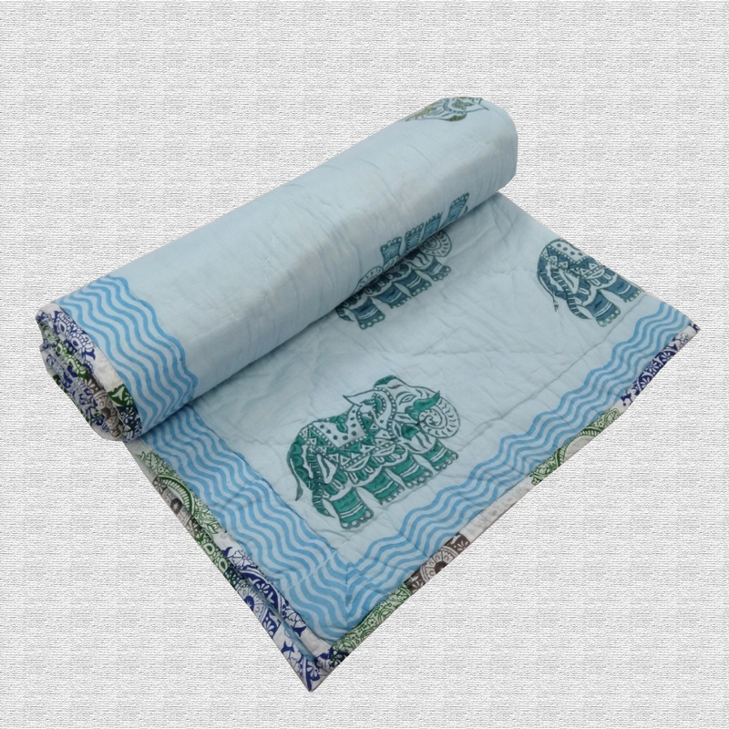 Elephant Print Hand Block Printed Hand Quilted Cotton Baby Quilt 