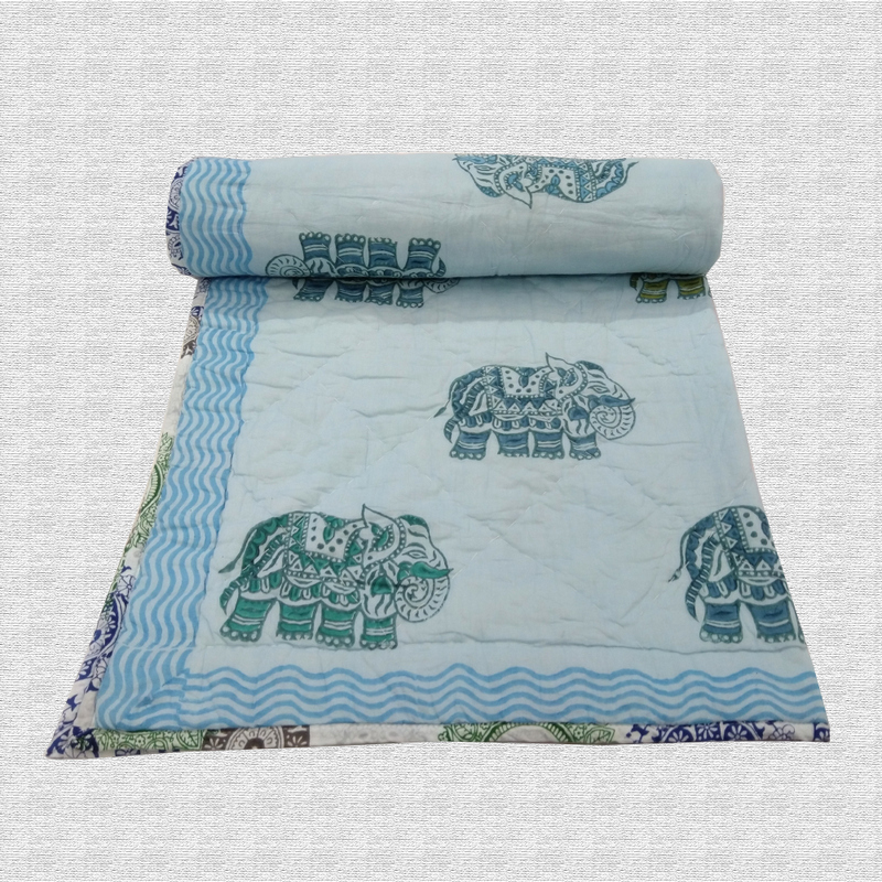 Elephant Print Hand Block Printed Hand Quilted Cotton Baby Quilt 
