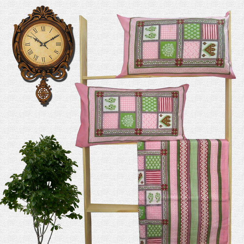 Jaipuri Geometric Print Cotton Double Bed sheet With Pillow