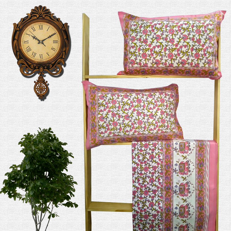 Jaipuri Floral Print Cotton Double Bed sheet With Pillow