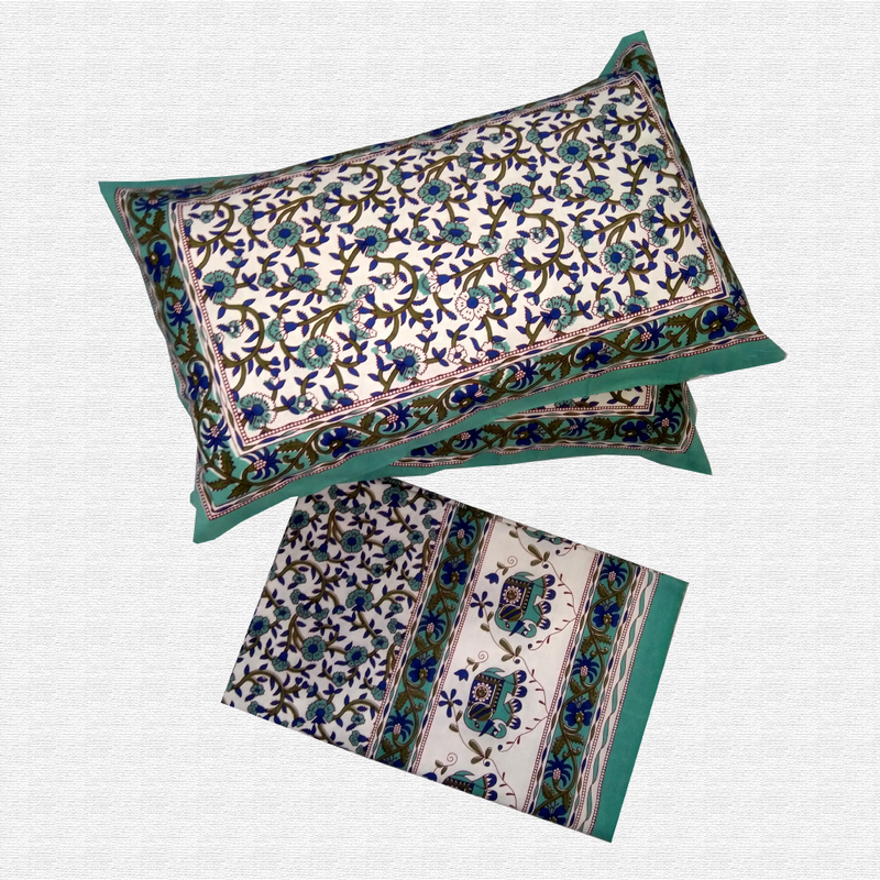 Jaipuri Floral Print Cotton Double Bed sheet With Pillow
