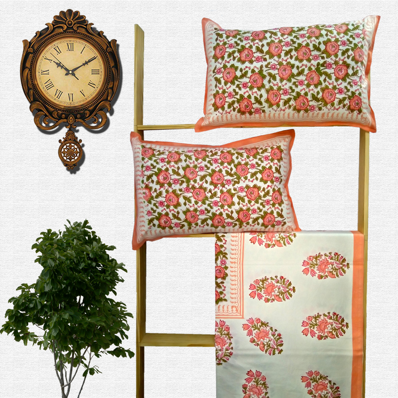 Block Print Floral Double bed Sheet with Pillow