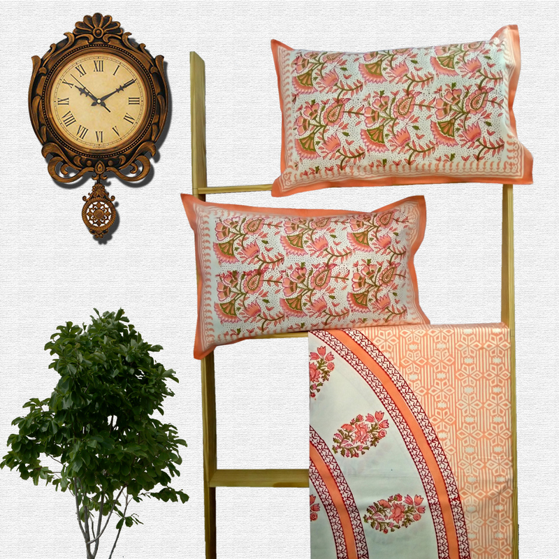 Block Print Floral Double bed Sheet with Pillow