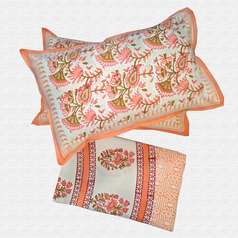 Block Print Floral Double bed Sheet with Pillow