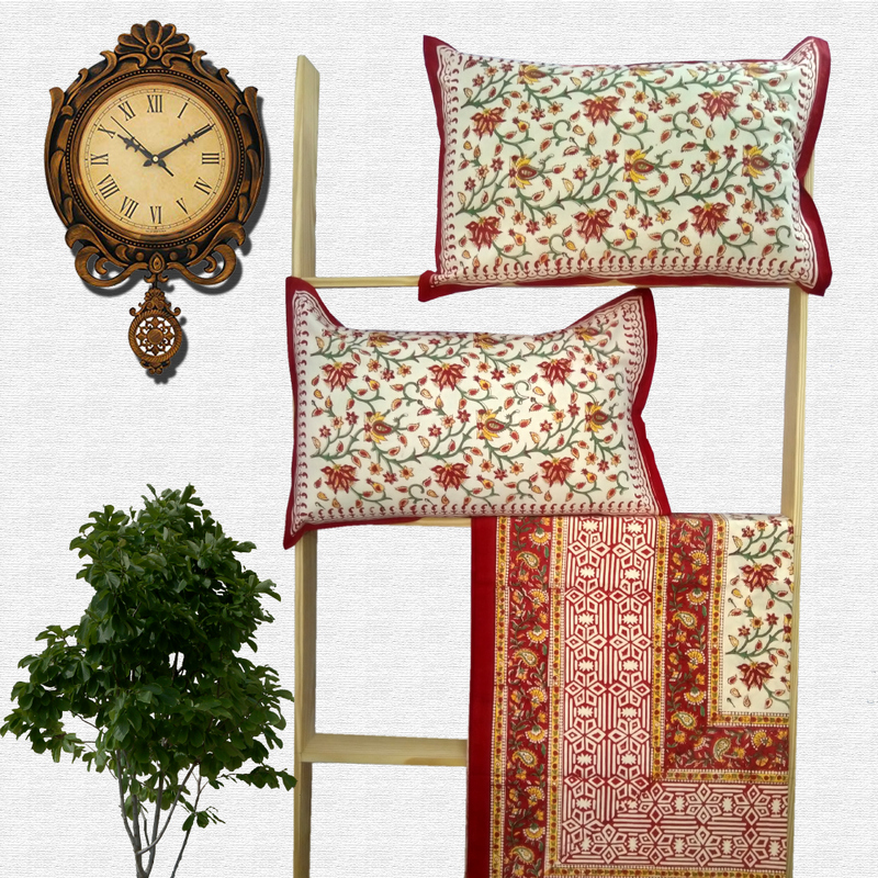 Block Print Floral Double bed Sheet with Pillow