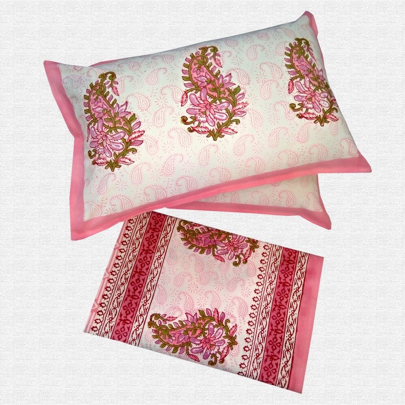 Block Print Floral Double bed Sheet with Pillow
