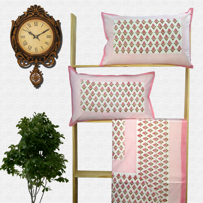 Block Print Floral Double bed Sheet with Pillow