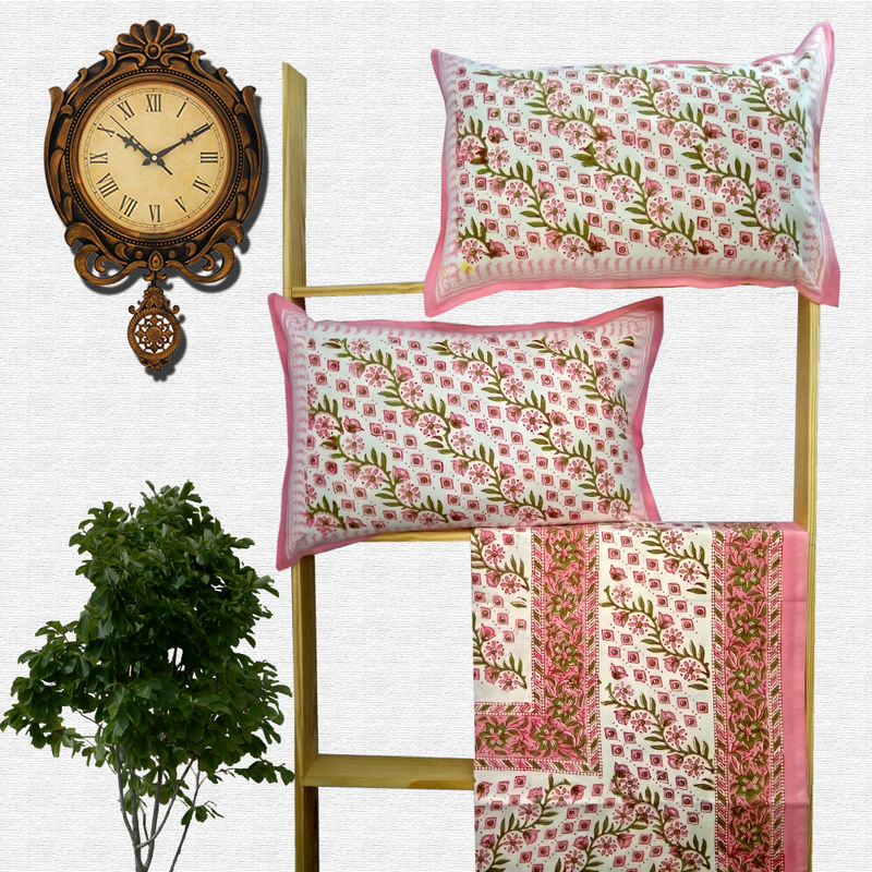 Block Print Floral Double bed Sheet with Pillow