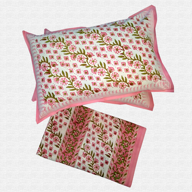 Block Print Floral Double bed Sheet with Pillow