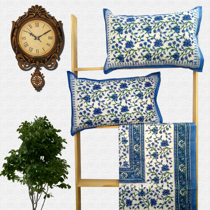Block Print Floral Double bed Sheet with Pillow