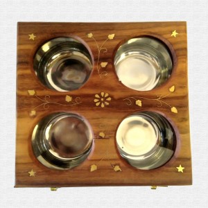 Multiutility Brass Inlay Wooden Dry fruit box with 4 steel containers  