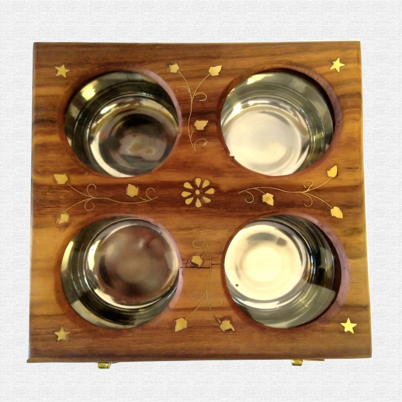 Multiutility Brass Inlay Wooden Dry fruit box with 4 steel containers  