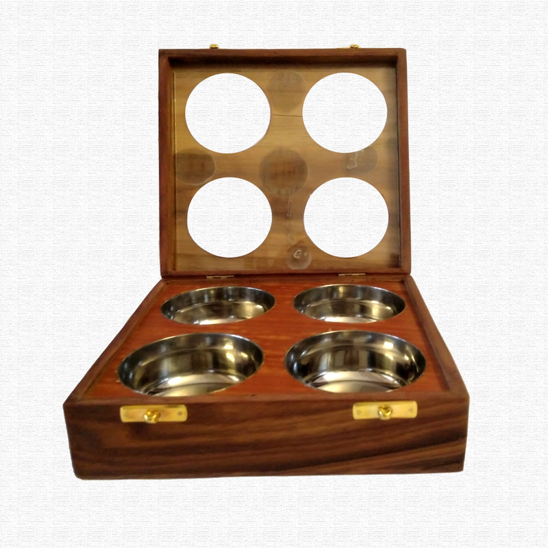 Multiutility Brass Inlay Wooden Dry fruit box with 4 steel containers  