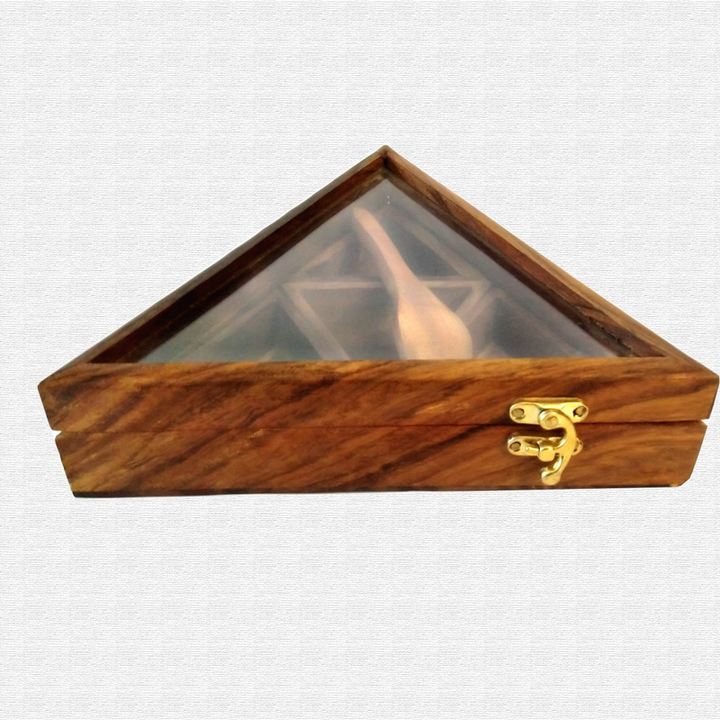 Multiutility Sheesham Triangle Shape Wooden Masala Box with 4 wooden containers  